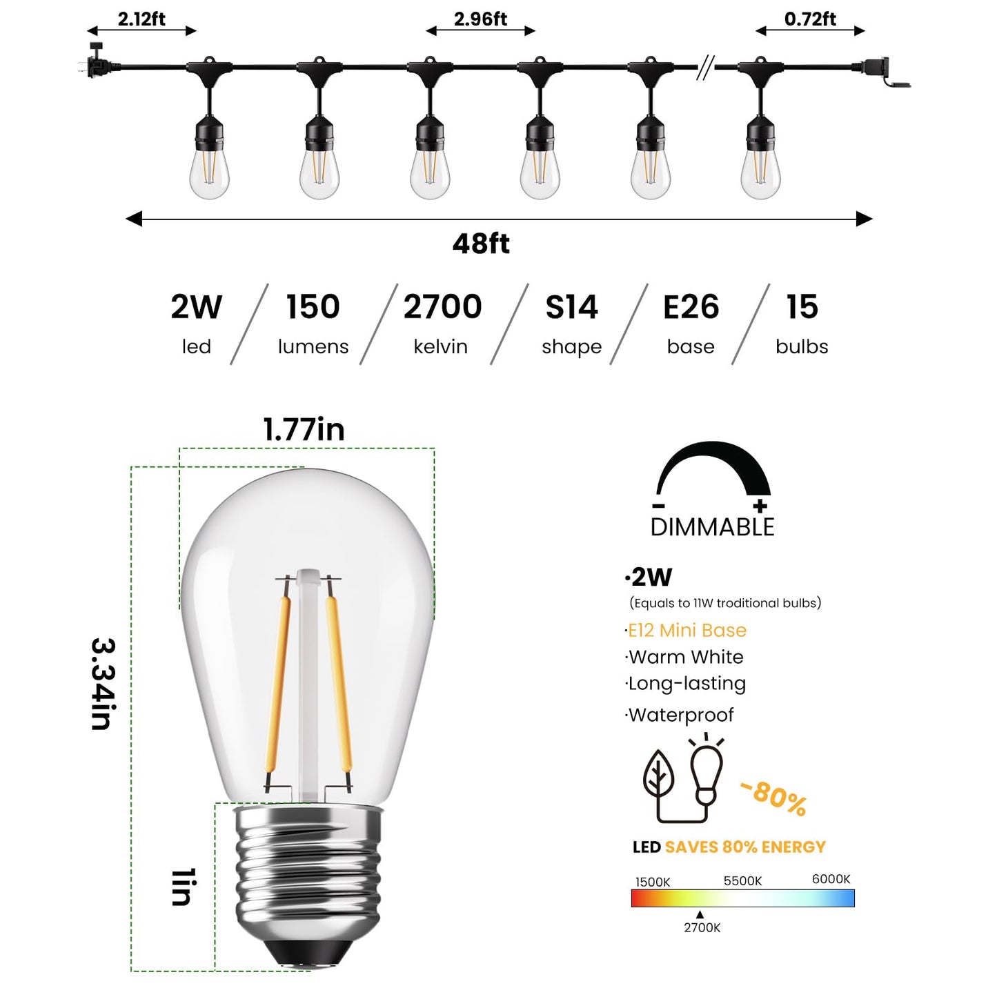 Svater Outdoor String Lights 48FT, Commercial Grade, 15 Edison Bulbs, Shatterproof, IP65 Waterproof, Warm White 2700K