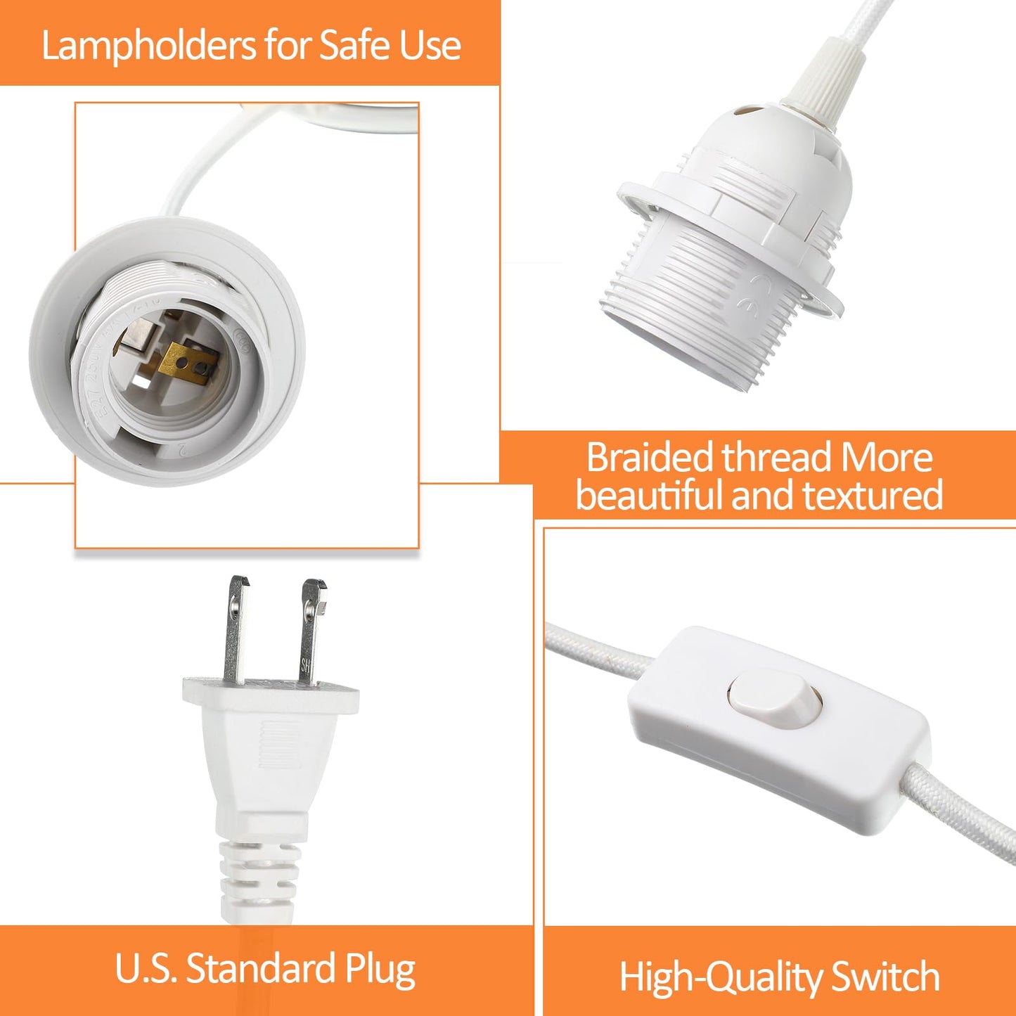 Hortsun 6 Pack Hanging Light Kit E26/E27, 12 Ft White Lamp Cord With On/Off Switch For Bedroom And Living Room