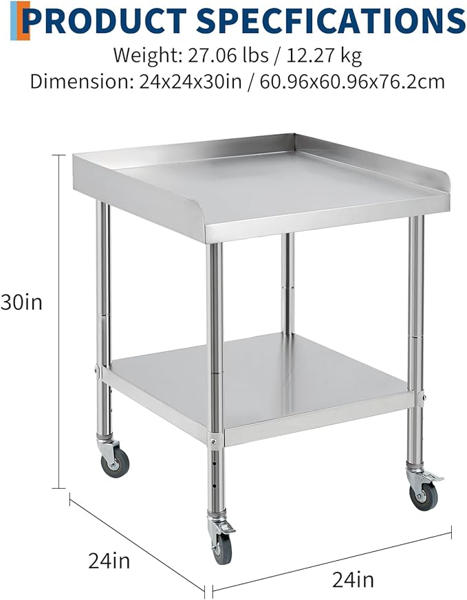 24x24x30 in Stainless Steel Equipment Grill Stand Table NSF Certified with 5 in Wheels, 400 LBS Capacity, 2 in Edge Baffle, for Hotel, Home, Commercial Restaurant Kitchen