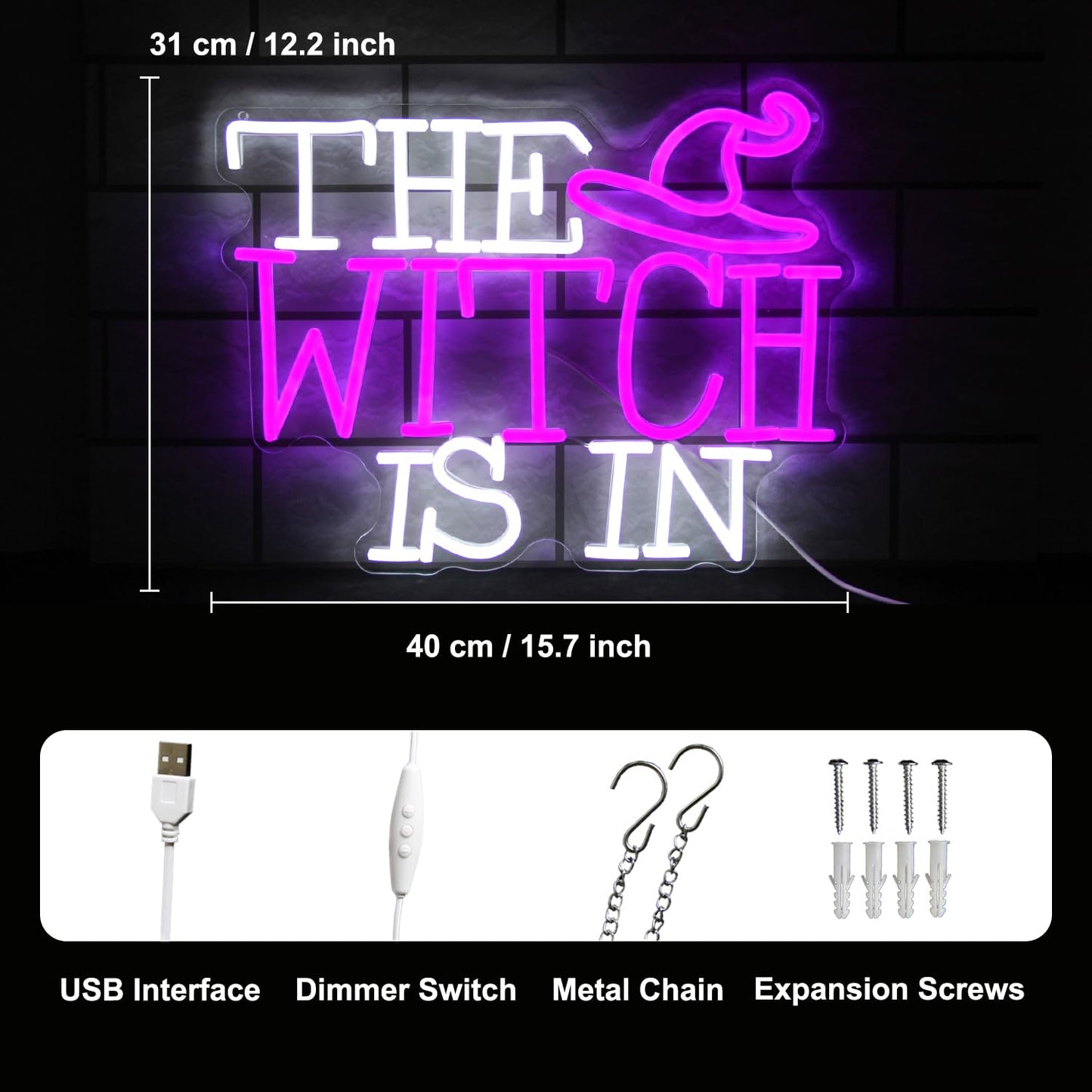 Kullneon Witch Hat Neon Light - Dimmable LED Sign for Halloween Decor - Purple/White - Model YL-Witch In