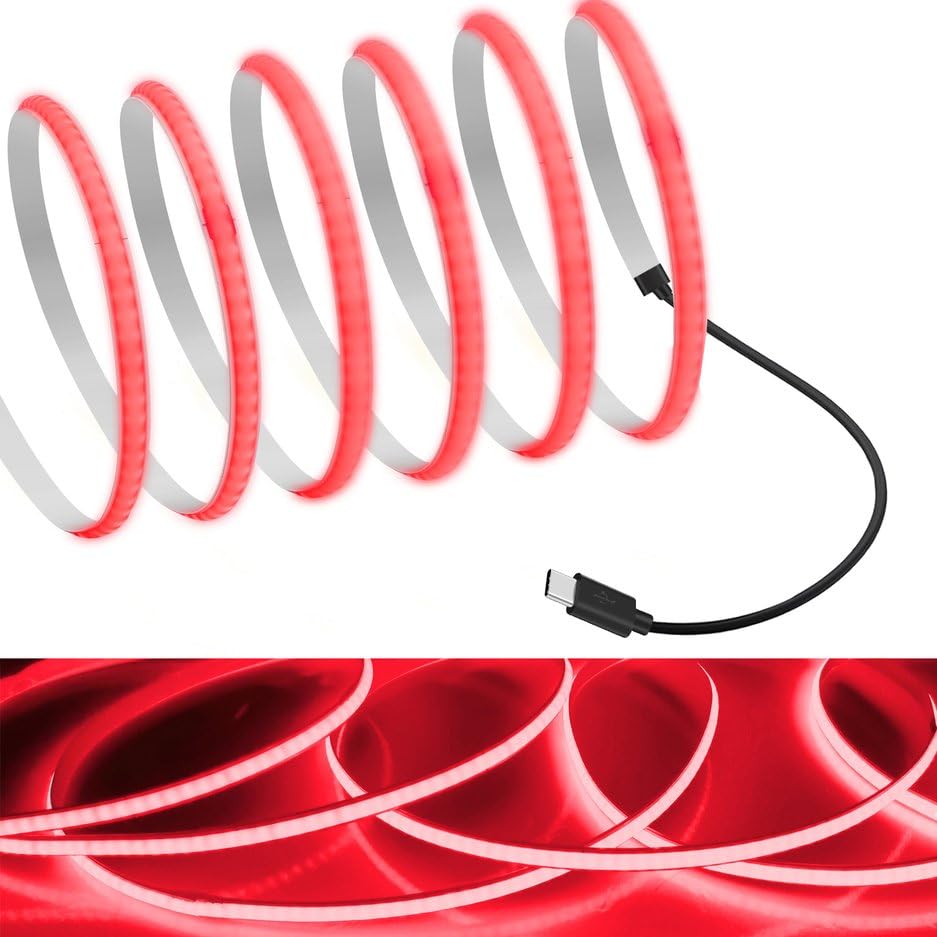 Mdee?Type C Cob Tape Light Led Strip.6.56Ft/2M- Flexible 5Mm Hidden Dc 5V Led Tape With 320 Leds/M For Red Lighting. Cuttable  Shapeable  Type C Powered. Ideal For Kitchen
