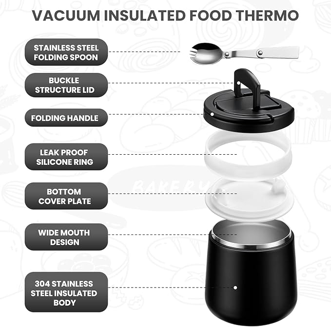 Kids Thermo for Hot Food 20oz Lunch Containers with Buckle Lid Wide Mouth Hot Food Jar Vacuum Insulated Stainless Steel Bento Box Leakproof with Spoon(Black)