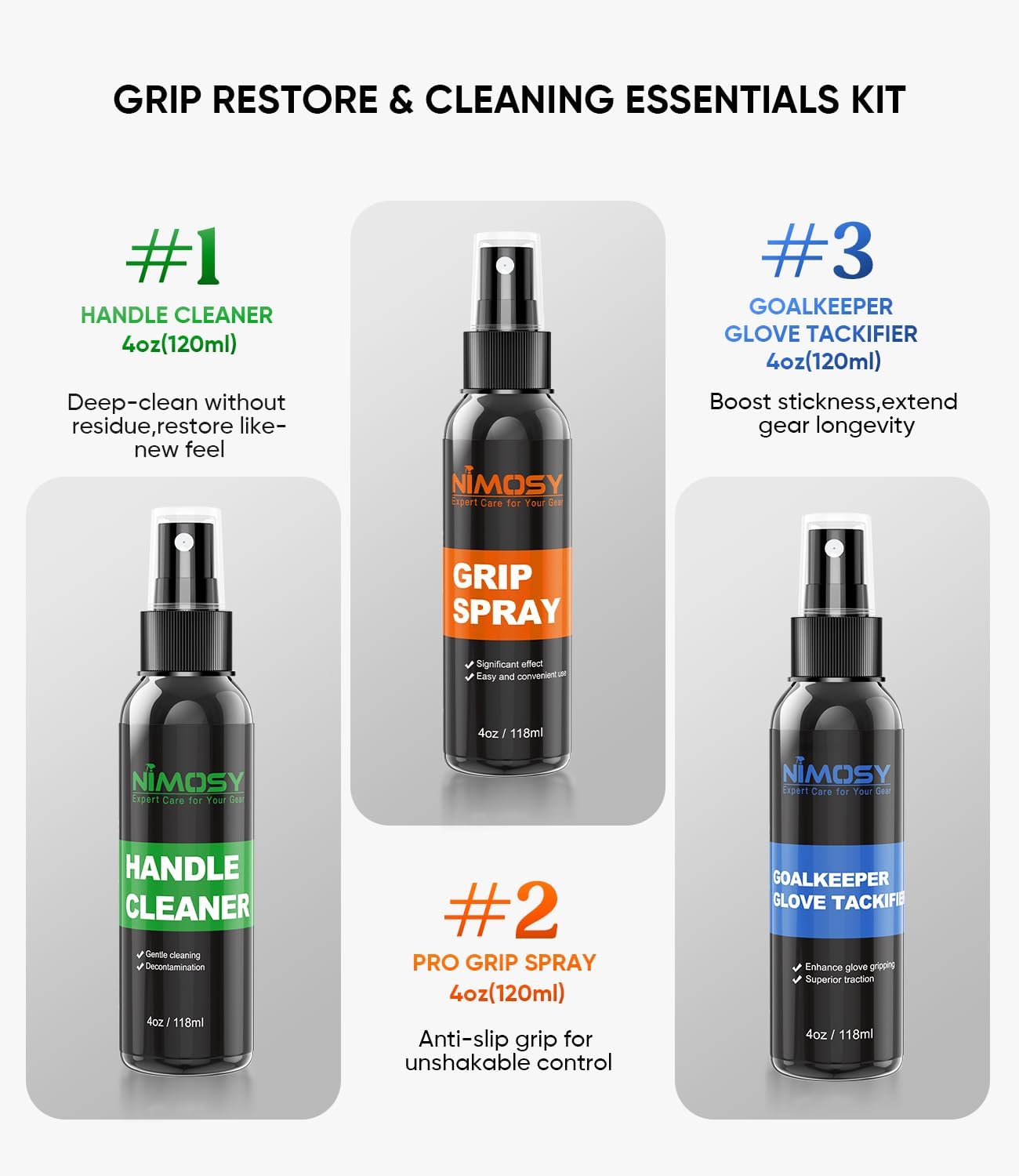 Pro Sport Grip Care Kit -Includes Grip Cleaner, Grip Spray and Goalkeeper Glove Tackfier, Grip Restore and Cleaner for Golf Football Shoes Baseball Tennis Pickleball Volleyball, Gifts for men