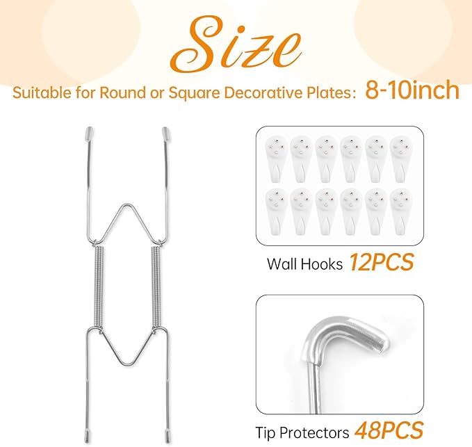 Bilillo 12 Pack Plate Hangers for The Wall, Suitable for 8-10 inch Art Plate, Stainless Steel Invisible Heavy Duty Wire Plate Holder with Wall Hooks, Plate Hangers for Displaying Plates, Silver