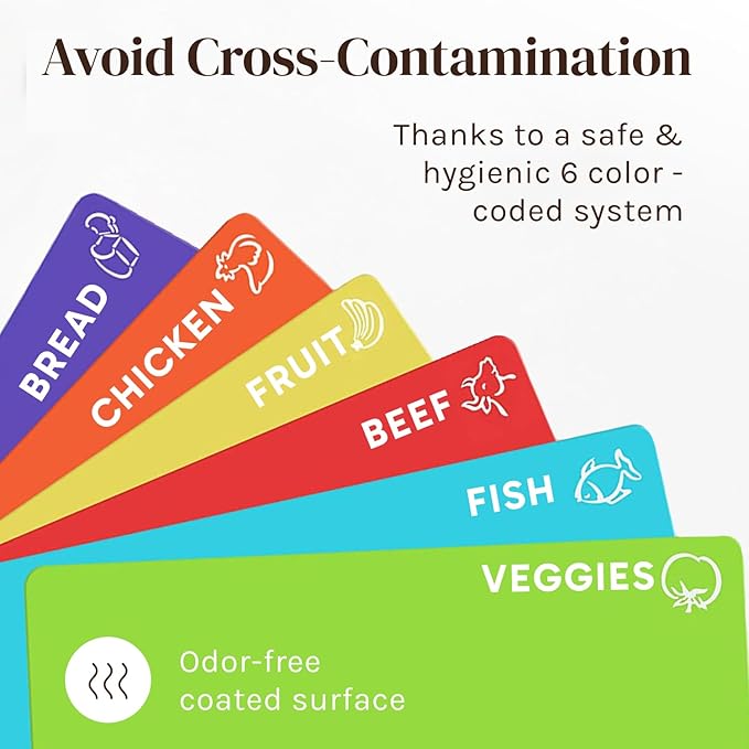 Cooler Kitchen Extra Thick Flexible Plastic Cutting Board Mats with Food Icons & EZ-Grip Waffle Back, (Set of 6) Dishwasher Safe