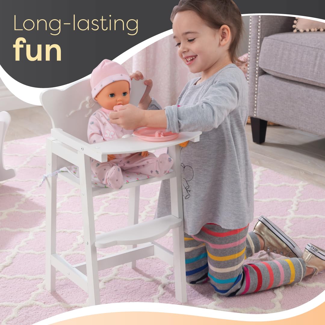 KidKraft Tiffany Bow Scalloped-Edge Wooden Lil Doll High Chair with Seat Pad - White, Gift for Ages 3+