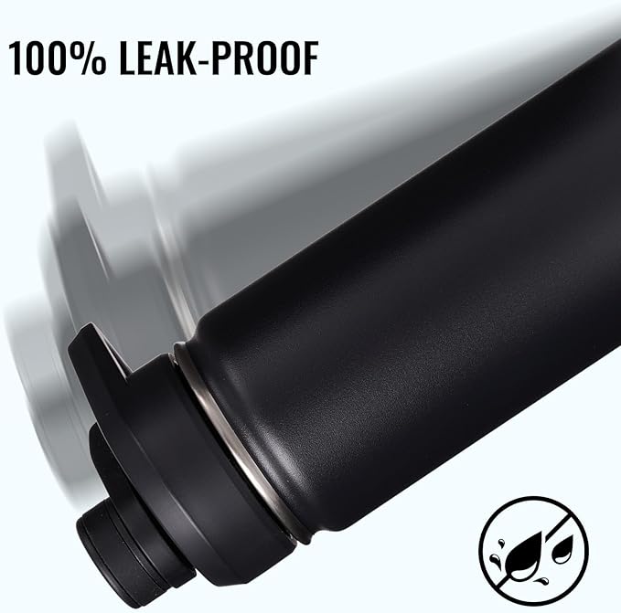 24 oz Insulated Water Bottle with Handle, 304 Stainless Steel Water Bottles with Wide Mouth, Double Wall Vacuum Sports Water Bottle, BPA Free, Keep Cold and Hot, Black