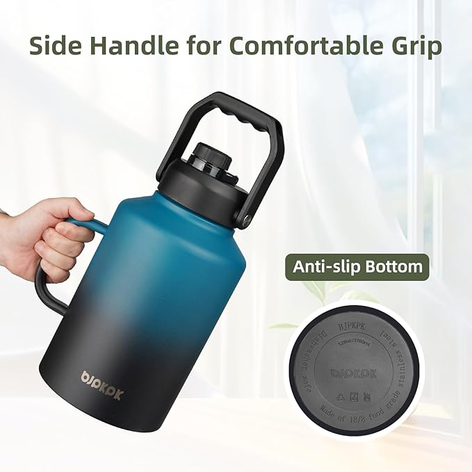 BJPKPK 1 Gallon Water Bottle with Handle, Large Dishwasher Safe 128oz Insulated Water Bottle, BPA Free Water Jug, Wide Mouth Metal Flasks with Anti-slip Bottom, Keep Cold & Hot,Blue & Black
