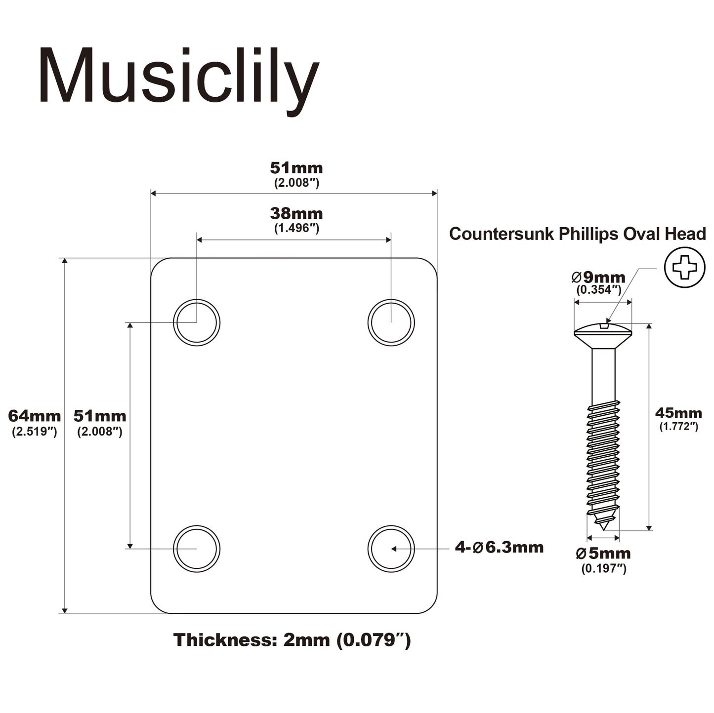 Musiclily 4 Holes Metal Guitar Neck Plate For Fender Strat Tele Electric Guitar Or Bass,Chrome
