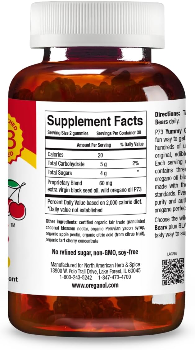 NORTH AMERICAN HERB & SPICE Kid-e-kare Yummy Gummy Cherry Bears - 60 Real Cherry Gummies - Daily Immune Support for Children - with P73 Oreganol & Black Seed Oil - Non-GMO - 30 Servings