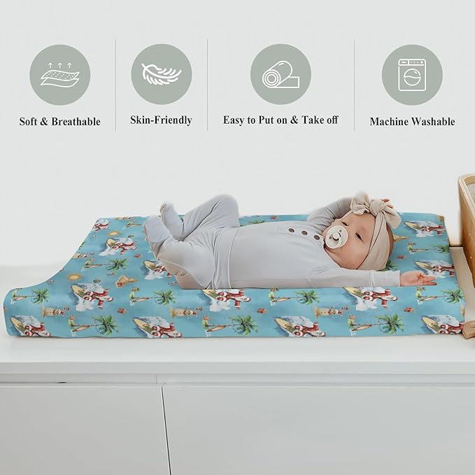 Christmas Surfing Santa Beach Baby Changing Pad Covers for Boy Girl Summer Santa Surfboard Palm Tree Gifts Fitted Changing Table Mats Winter Holiday Festive Soft Diaper Change Table Sheets 32''×16''