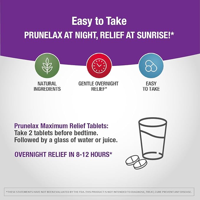 Prunelax Ciruelax Maximum Relief Laxative Tablets with Natural Senna for Occasional Constipation, Senna Extract, Vegan & Gluten-Free, Gentle Overnight Relief - 60ct