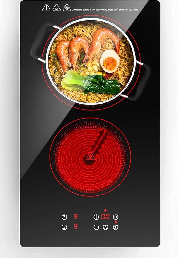 Electric Cooktop 2 Burners, 12 Inch Built-in Ceramic Stove Top with Timer, Child Lock, 110V Induction Cooktop for Kitchen, Apartment, RV, Dorm