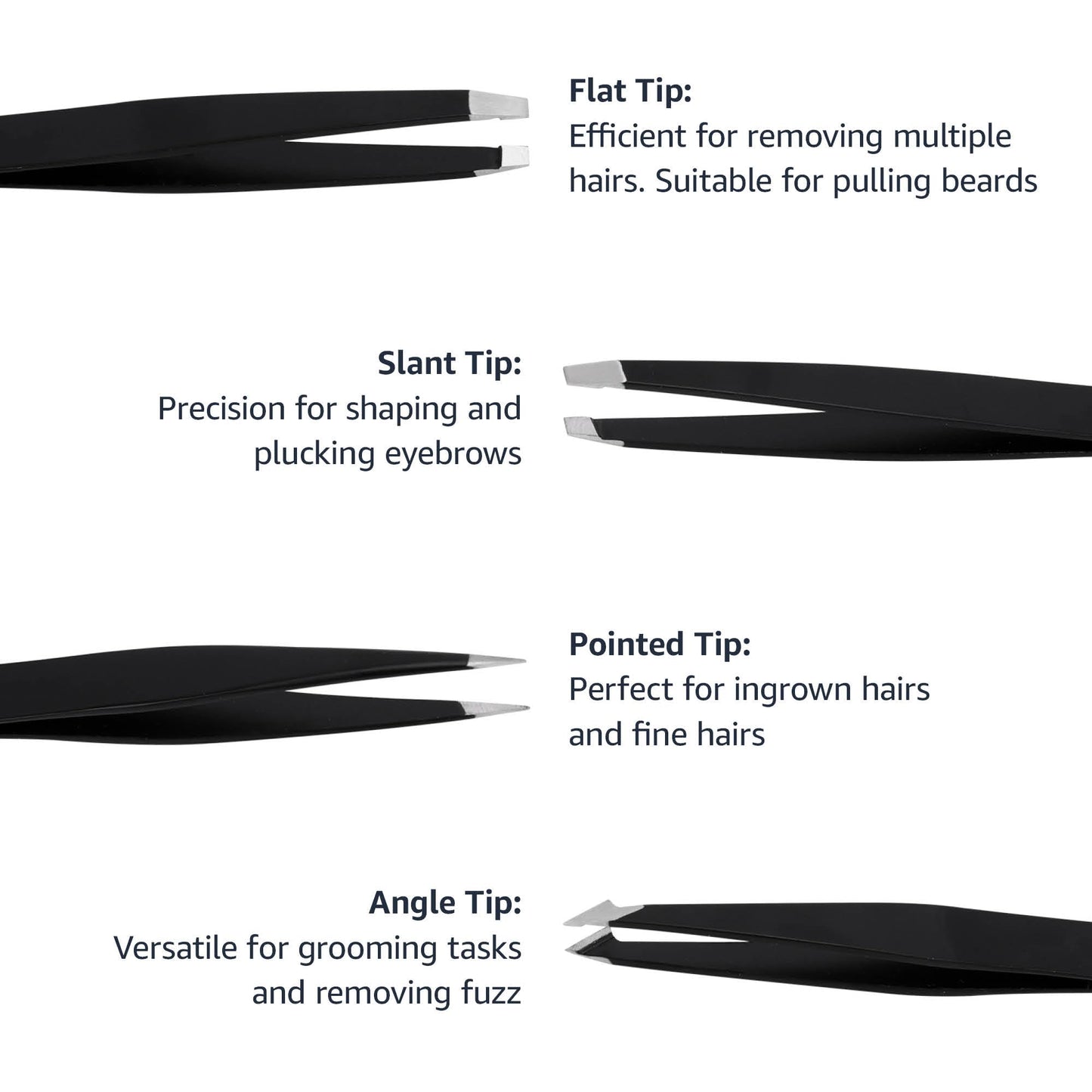Amazon Basics Tweezers for Facial Hair, Eyebrows, Eyelashes - Set of 4, Professional Stainless Steel Travel Case, Black