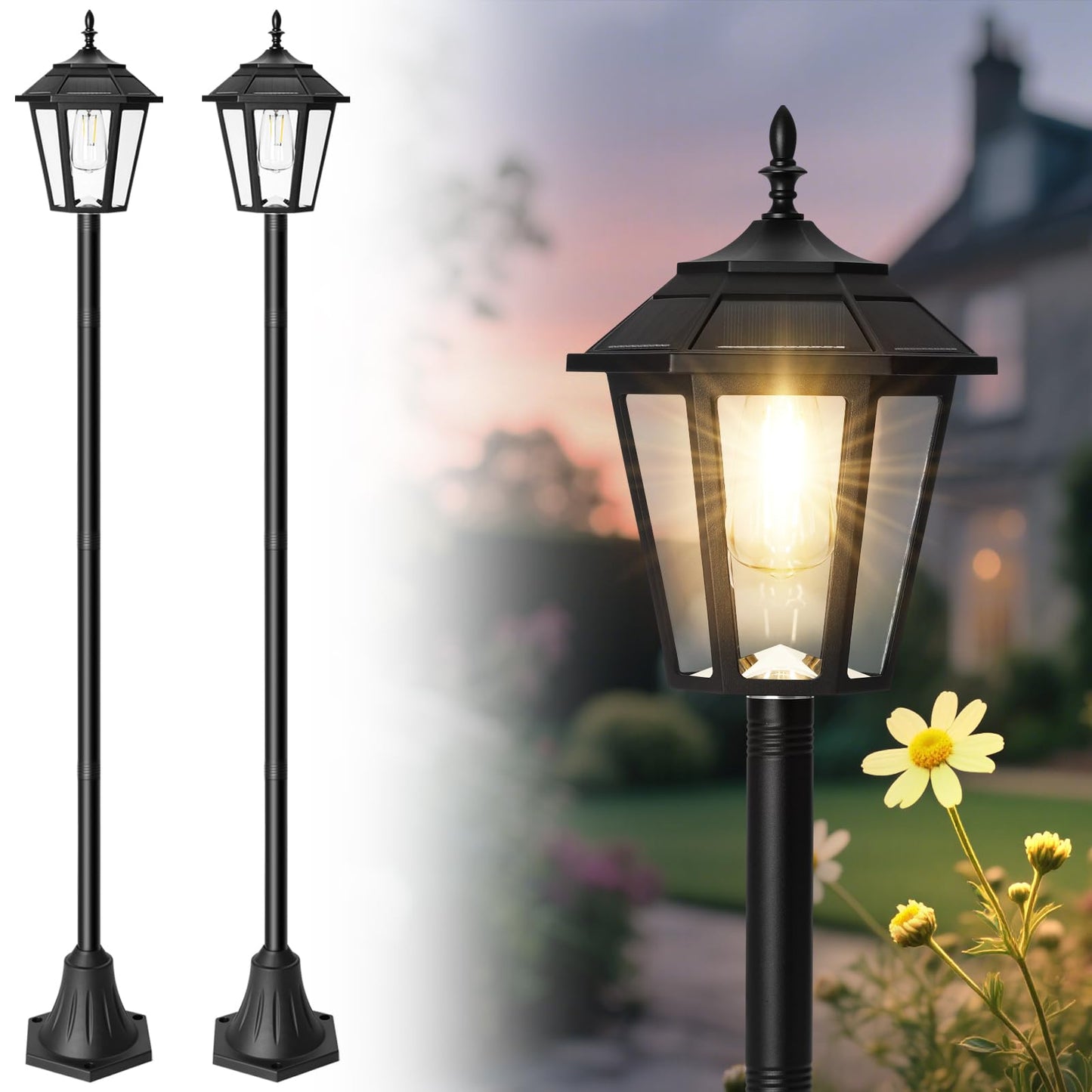Eyrosa 66 Metal Solar Lamp Post Light 50 Lumens  2 Pack Solar Pole Light Outdoor Waterproof  Post Lighting Outside For Porch Yard Driveway Garden Patio Decor