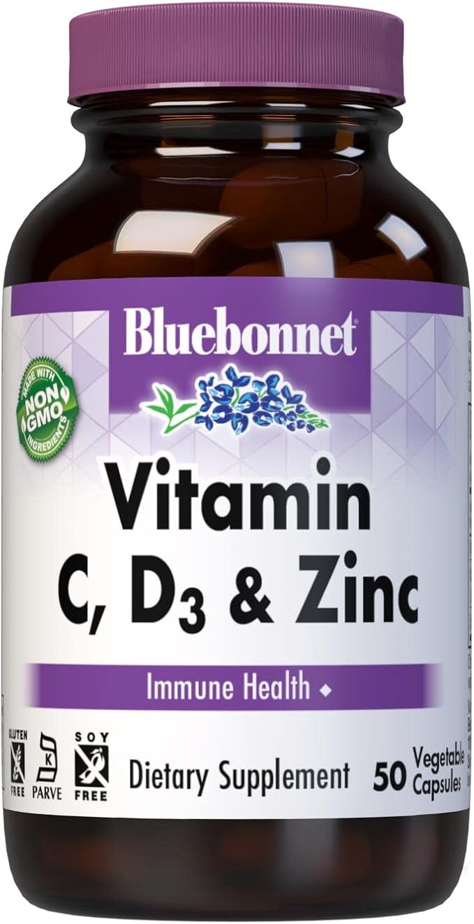 BlueBonnet Nutrition Vitamin C, D3 & Zinc, for Immune Health and Respiratory Function*, Soy-Free, Gluten-Free, Non-GMO, Kosher Certified, Dairy-Free, 50 Vegetable Capsules, 50 Servings
