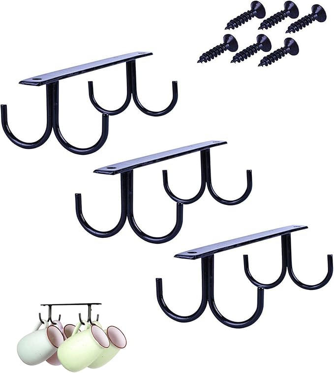 Mug Rack Under Cabinet 12 Mug Hooks Coffee Cup Holder Under Shelf Display Hanging Cups Organizer Hanger for Bar Kitchen Utensils - Black