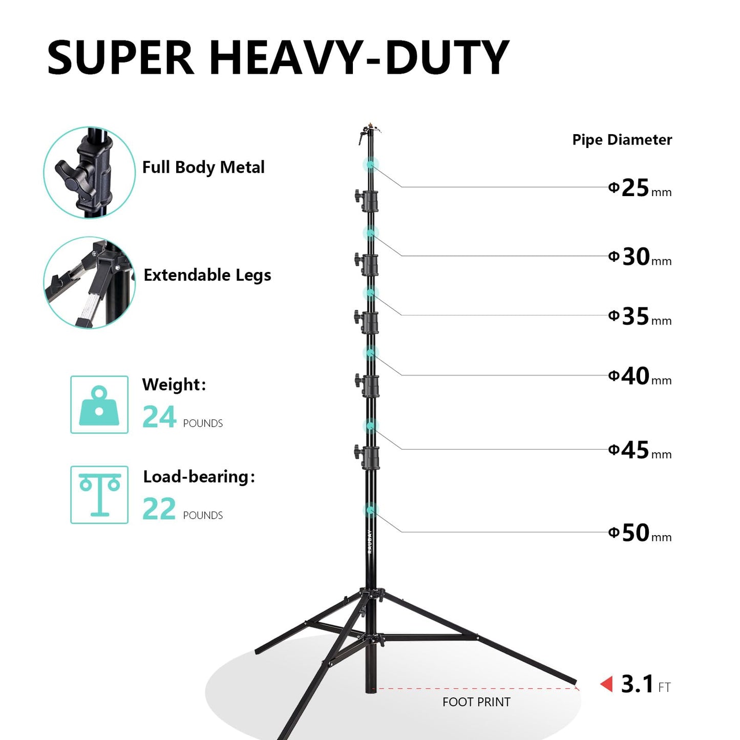 RAUBAY 24' Tall Tripod Stand, Extreme Tall Heavy Duty Sports Camera Video Tripod, Spring Telescoping Aluminium Alloy Large Light Stand with 1/4"& 3/8" Screw, Professional Sky High Tripod for Outside…