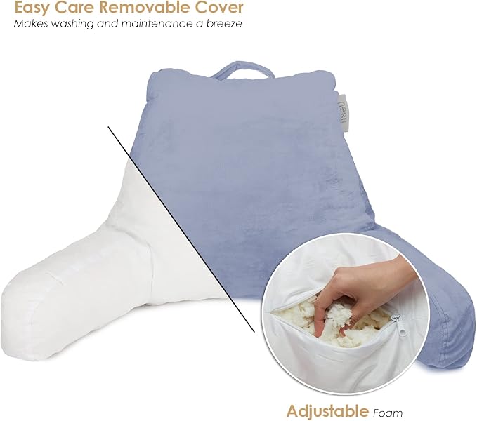 Nestl Reading Pillow Standard Bed Pillow, Back Pillow for Sitting in Bed Shredded Memory Foam Chair Pillow, Reading & Bed Rest Pillows Ice Blue Back Pillow for Bed, Bed Chair Arm Pillow with Pockets