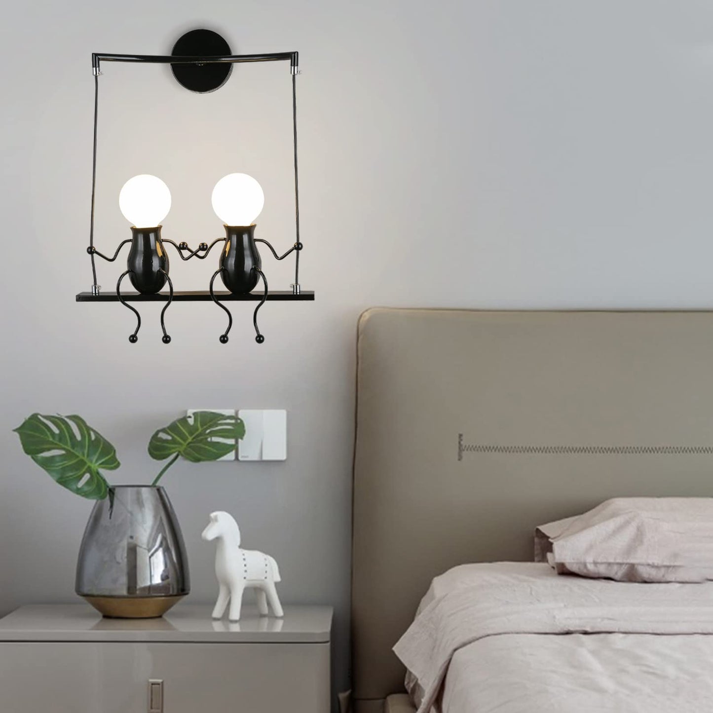 SOUTHPO Wall Light Fixture LED Cartoon Swing Design Double Mini Doll Sconce Metal Black 2×E26
