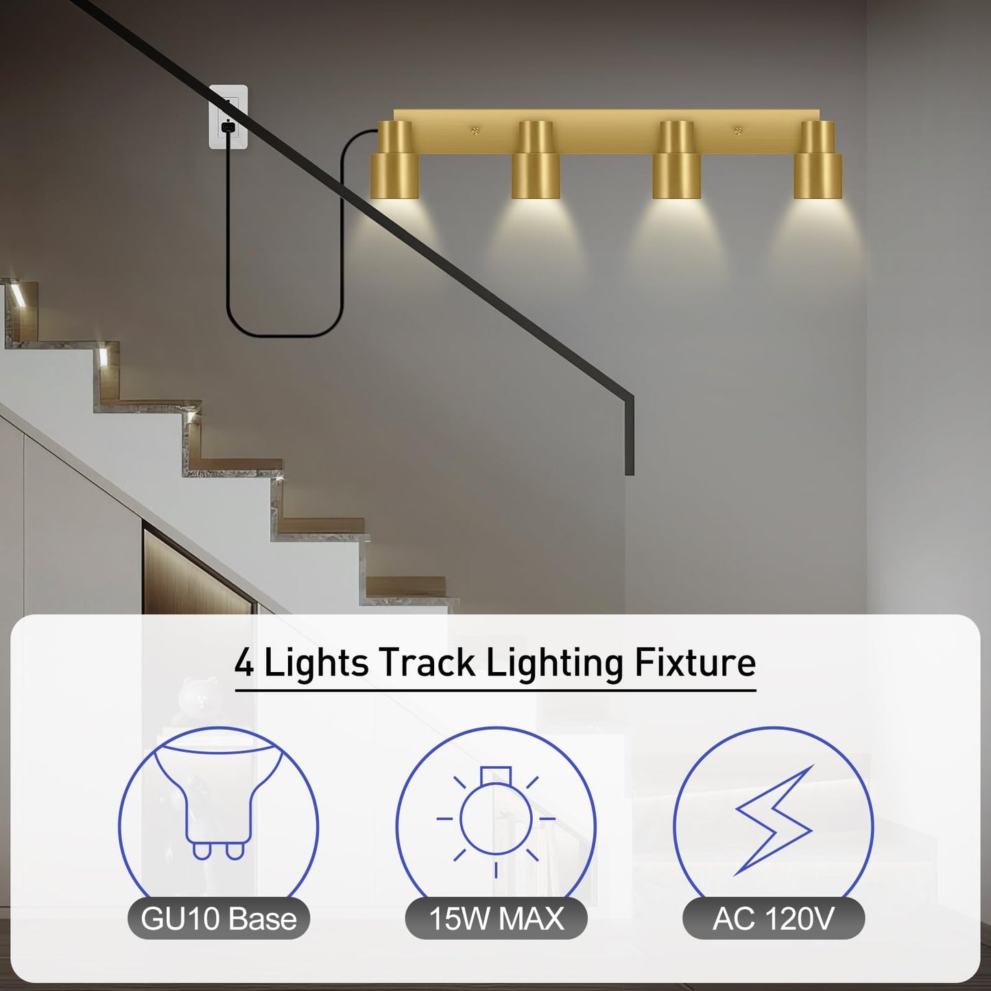 Plug in Track Lighting, 23" LED Track Light Fixtures Ceiling, Gold 4 Way Spotlight, Rotatable Light Head, Plug in Ceiling Light with Power Cord, Plug Wall Light for Kitchen Hallway Bar(GU10, NO Bulb)