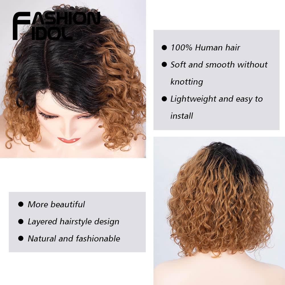 FASHION IDOL Short Deep Wavy Lace Bob Wig for Women 10 Inches Kinky Curly Human Hair Side Part Shouder Lenth Wig 150% Density