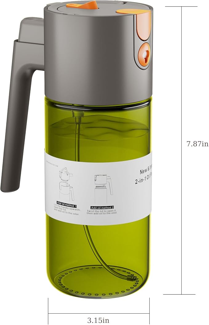 Upgrade 2 in 1 Oil Sprayer for Cooking, Olive Oil Dispenser Bottle for Kitchen Gadgets with Stickers, 17oz/500ml Food Grade Light-Blocking Glass Spray Bottle for Salad, Air Fryer, BBQ