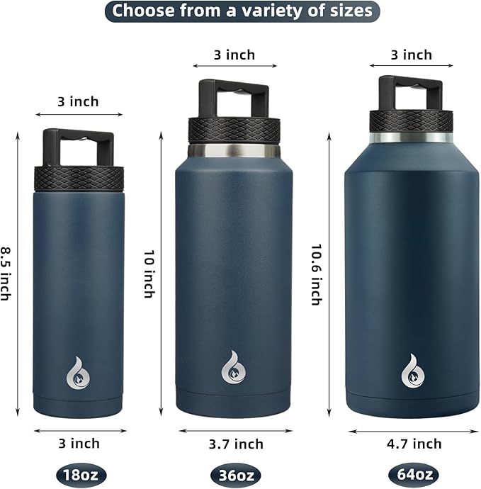 BJPKPK Half Gallon Water Bottle Insulated, Dishwasher Safe 64 oz Water Bottle with Handle, Leakproof BPA Free Thermal Flasks, Large Stainless Steel Jug for Sports, Navy Blue