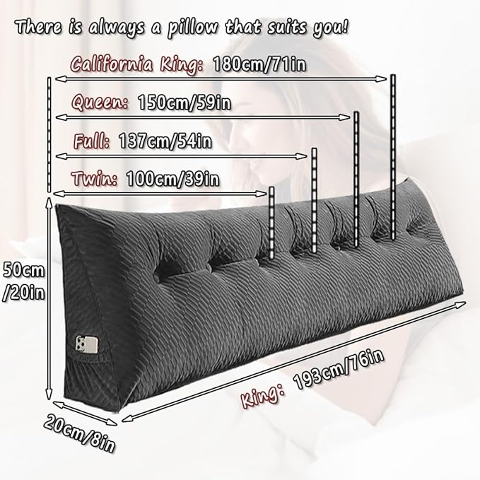 Gradient Velvet Triangular Wedge Pillow, Removable Cover Headboard Pillow for Daybed, Backrest Positioning Support Pillow Cushion Resting Reading Relaxing (Grey, Full(54 * 20 * 8in))
