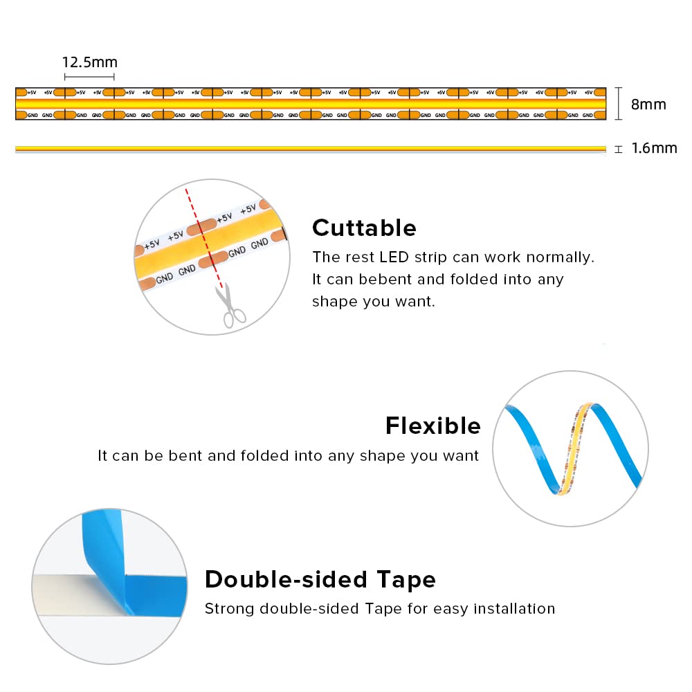 Fcob 6.56Ft Cob Usb Led Strip, Warm White 3000K, Dimmable, High Density, Flexible For Indoor Decoration