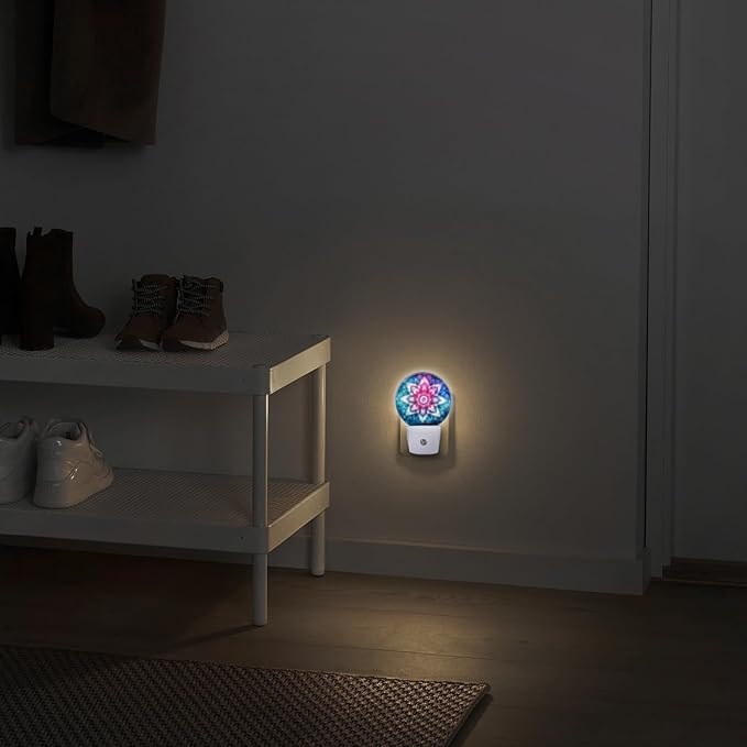 Round LED Night Lights Lamp with Dusk to Dawn Sensor, Mandala Flower with Pink and Blue Colors Night Light Plug Into Wall for Kids Room, Bedroom, Bathroom, Kitchen, Hallway