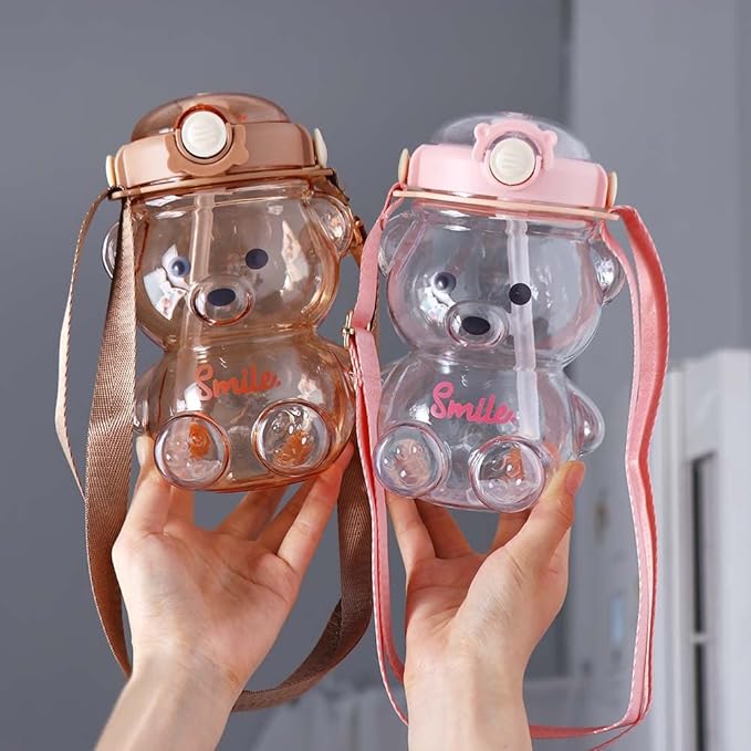 Vctitil Large Capacity Straw Water Cup Cute Bear Belly Cup Outdoor Sports Bottle 1000ml Plastic Water Cup(brown)