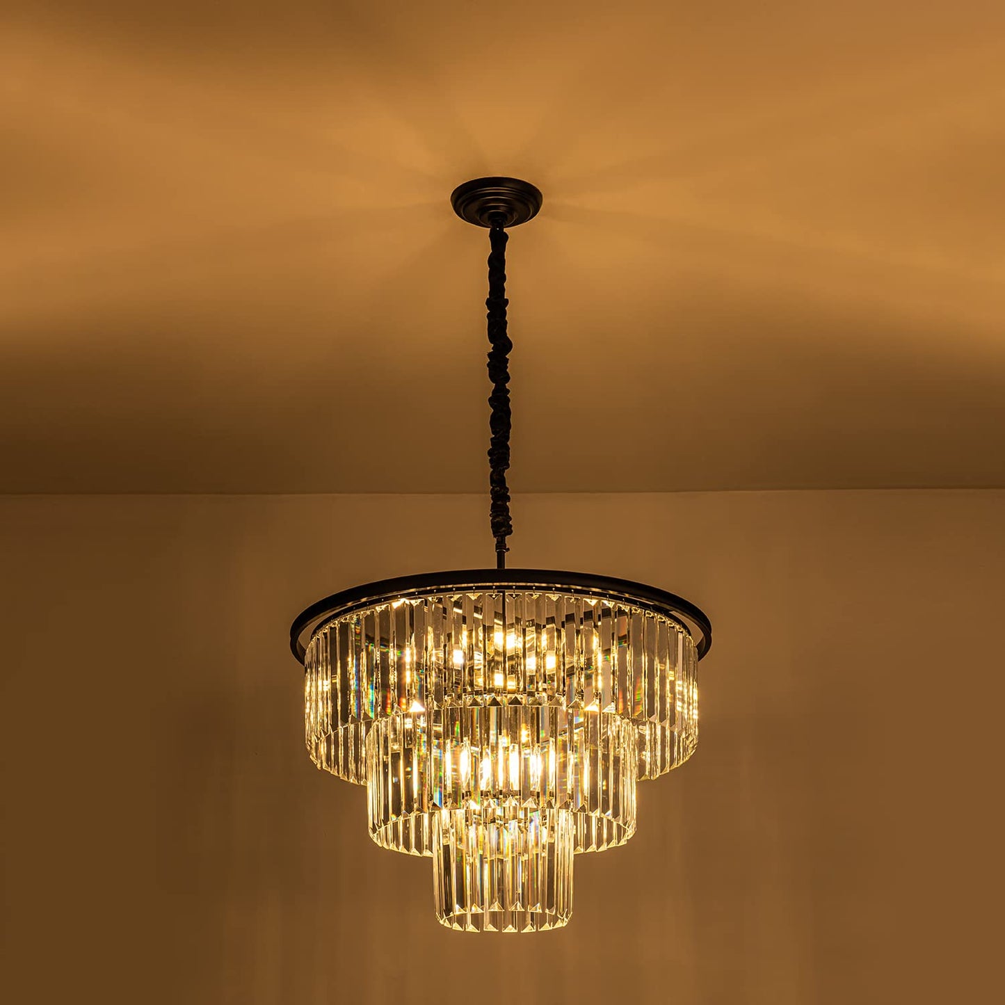 Brfaixla 12 Lights 23.64 Black Modern Crystal Chandelier Crystal Pendant Ceiling Light Fixture 3-Tier Hanging Lighting For Dinning Room Bedroom Living Room Foyer