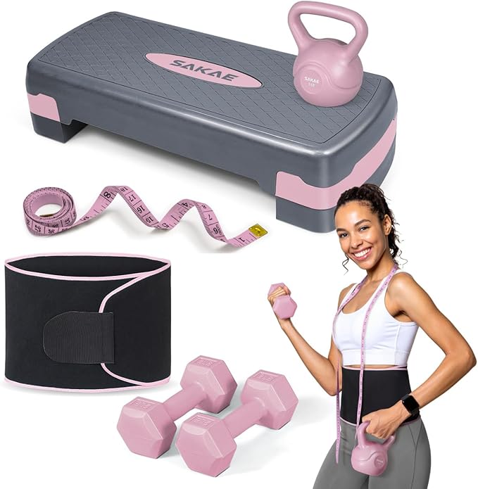 Adjustable Height Aerobic Stepper Set, Multiple Bundle Options with Dumbbells, Kettlebell, Waist Trimmer, Ankle Weights or...