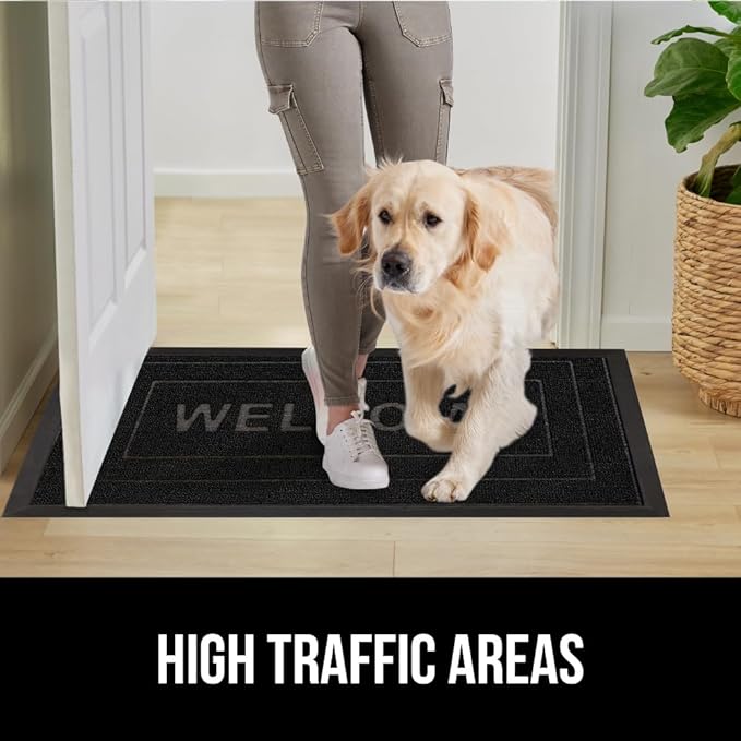 GORILLA GRIP 100% Waterproof All-Season WeatherMax Doormat, 47x35, Durable Natural Rubber, Stain and Fade Resistant, Low Profile, Indoor Outdoor Doormats, Easy Clean Patio Entry Mat, Black Welcome
