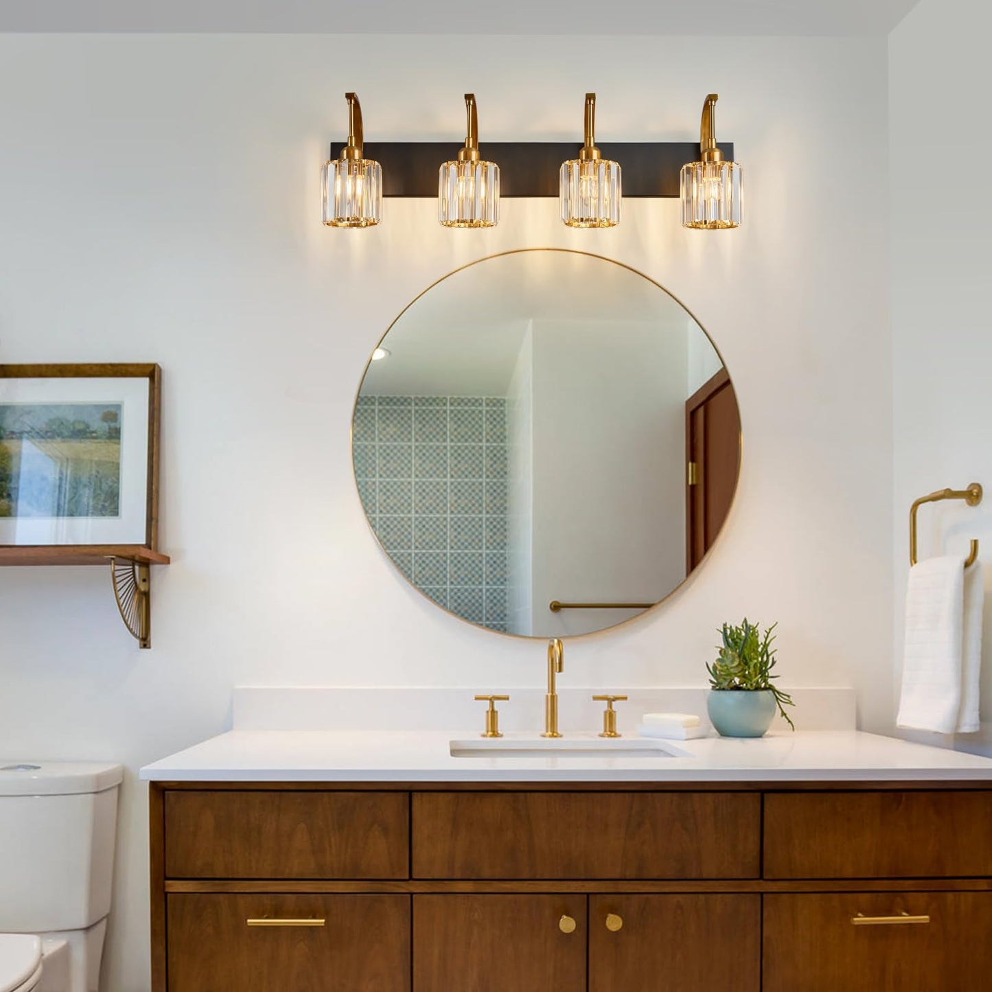 Fdpby 4-Light Crystal Vanity Light  Modern Black Gold Bathroom Wall Sconce With K9 Crystal Shades  32.67 Long Over Mirror Lighting For Vanity  Makeup  Hallway  Elegant & Easy Install