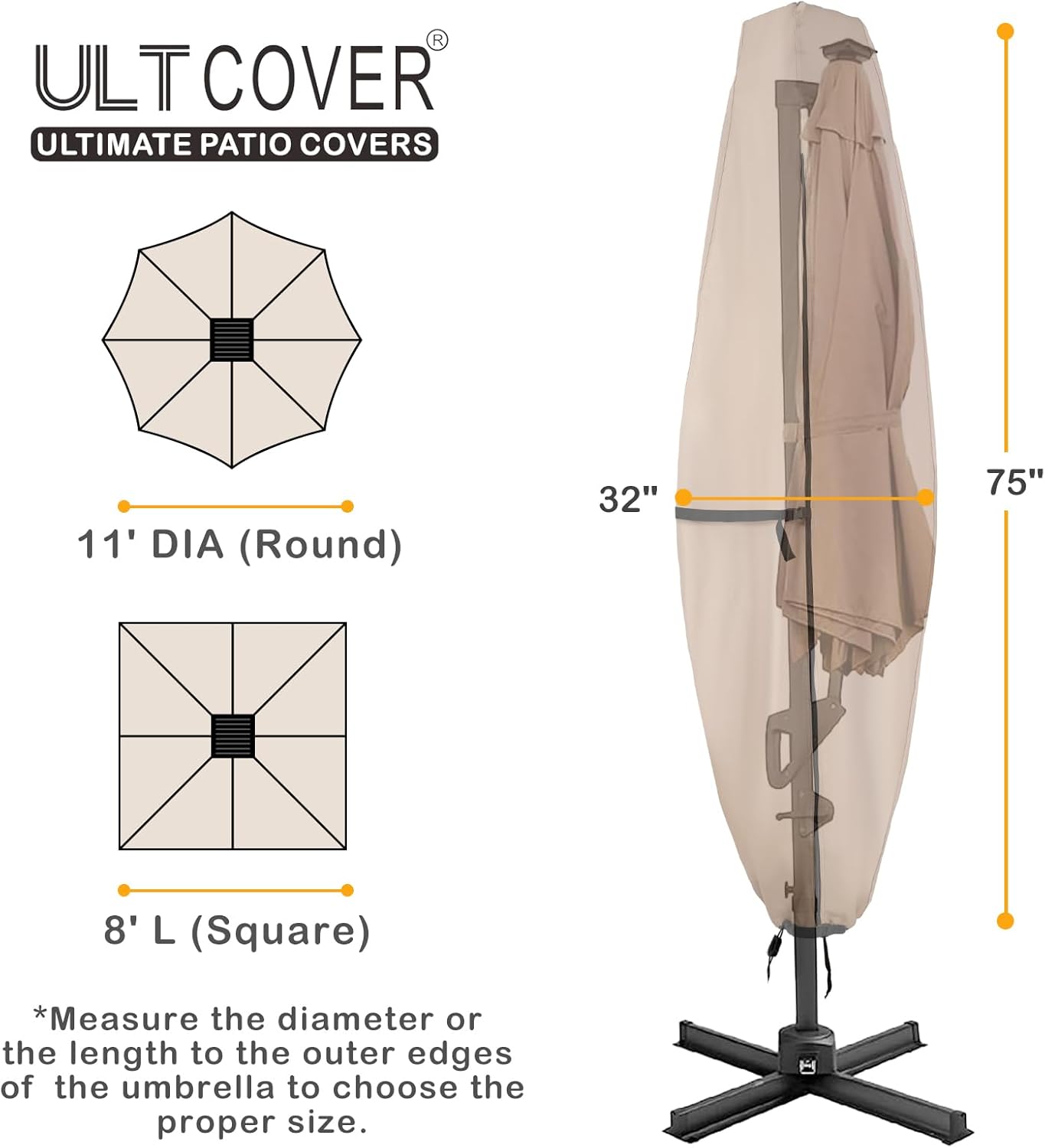 ULTCOVER Patio Parasol 600D Waterproof Clear Top Outdoor Umbrella Cover - Fits Solar Umbrella 8-11 Feet