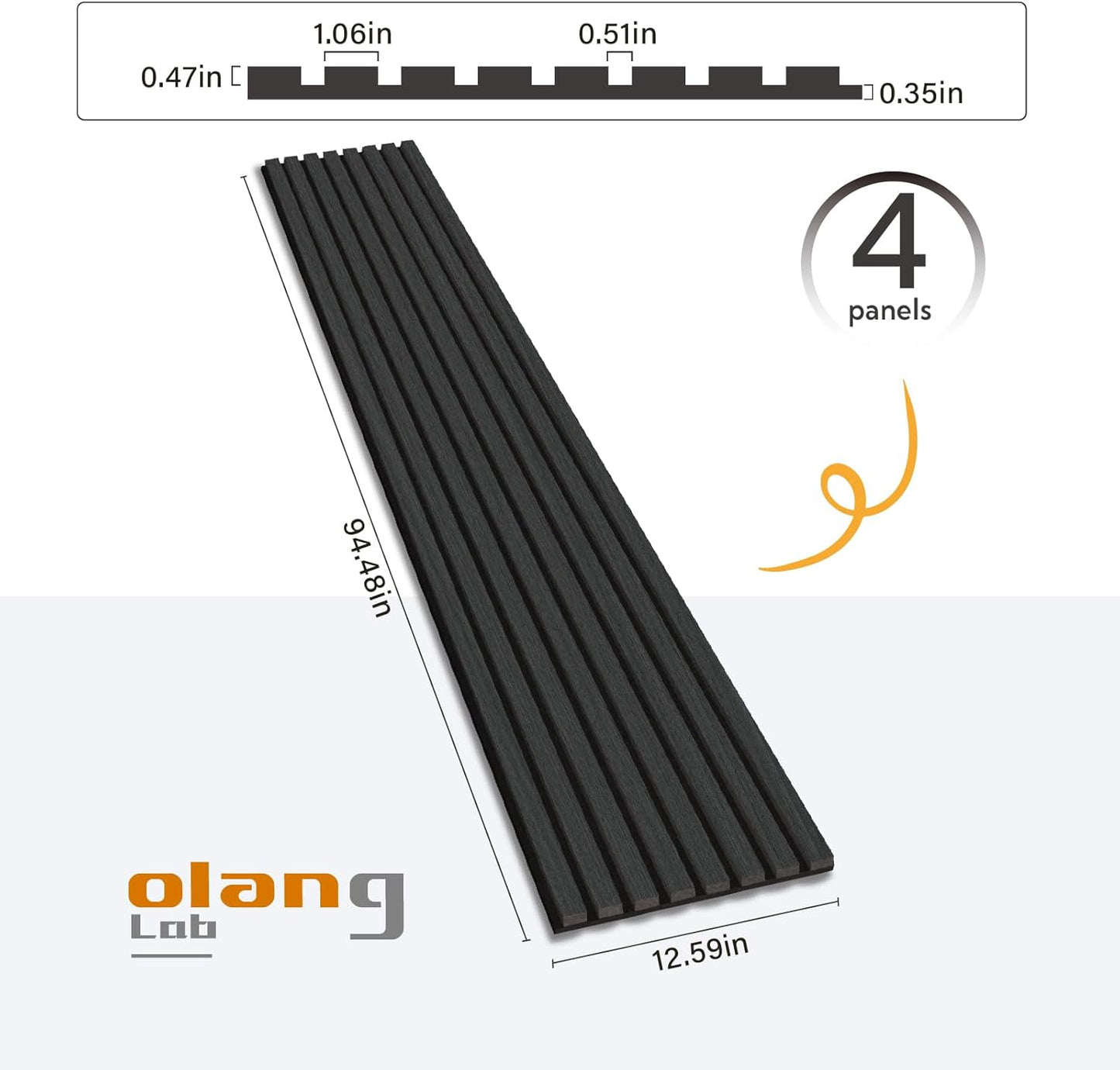 Olanglab Wood Slat Wall Panels, Wooden Acoustic Wall Panels, 94.5"x12.6" Each 3D Wall Panels for Interior Wall Decor, 4 Pack in Total 94.5"x50.4" (Matte Black)