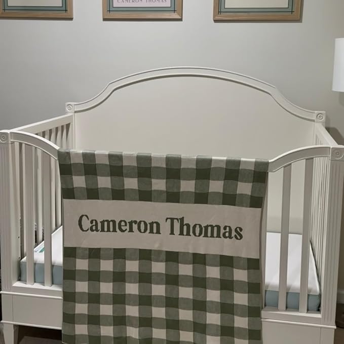 Personalized Gingham Name Blanket – 100% Cotton Baby Blanket, Gingham Band Design, Customized with Name, Boys and Girls, Bassinet and Crib, Gift for Baby, Newborn, Toddler or Kids (Crib)