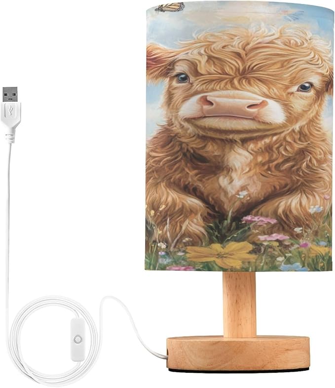 Highland Cow Flowers Table Lamp Bedroom Bedside Night Reading Desk Lamps Cylinder Nightstand Sleeping Light Lamp for Kids Living Room Office Decor