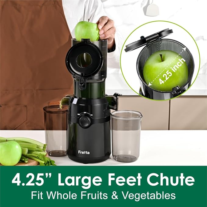 Fretta Nifty Cold Press Juicer Machines,Slow Masticating Juicer Machines with 1.1 L Large Feed Chute,Fit Whole Fruits & Vegetables Easy Clean Self Feeding,High Juice Yield,BPA Free (Ink-black)