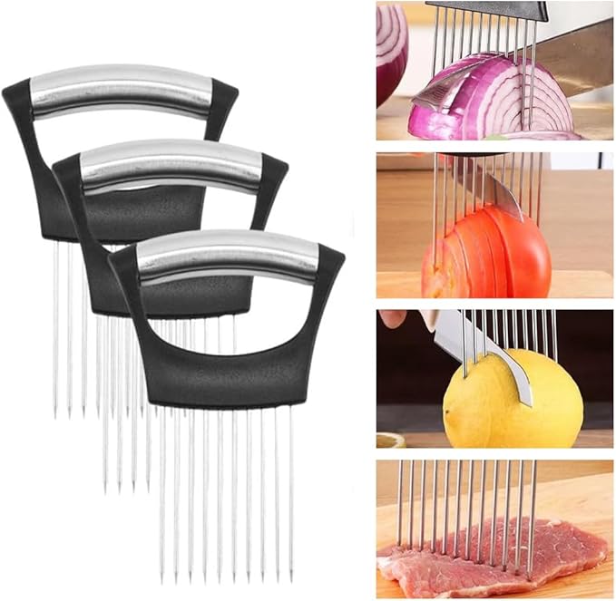 Onion Holder for Slicing, Onion Cutter Vegetable Chopper, Stainless Steel Slicer for Potato, Avocados, Eggs, Food Slicer Assistant Tool for Fruit Lemon and Meat (3)