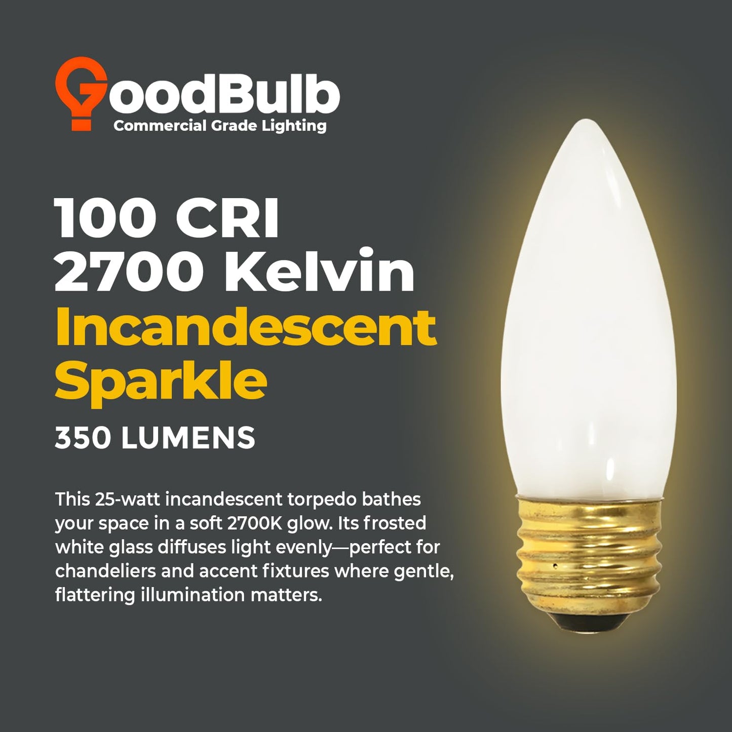 GoodBulb 25-Watt Incandescent Torpedo Light Bulbs, Dimmable, 175 Lumens, Pack of 12, Frosted Finish, Medium E26 Base, 2700