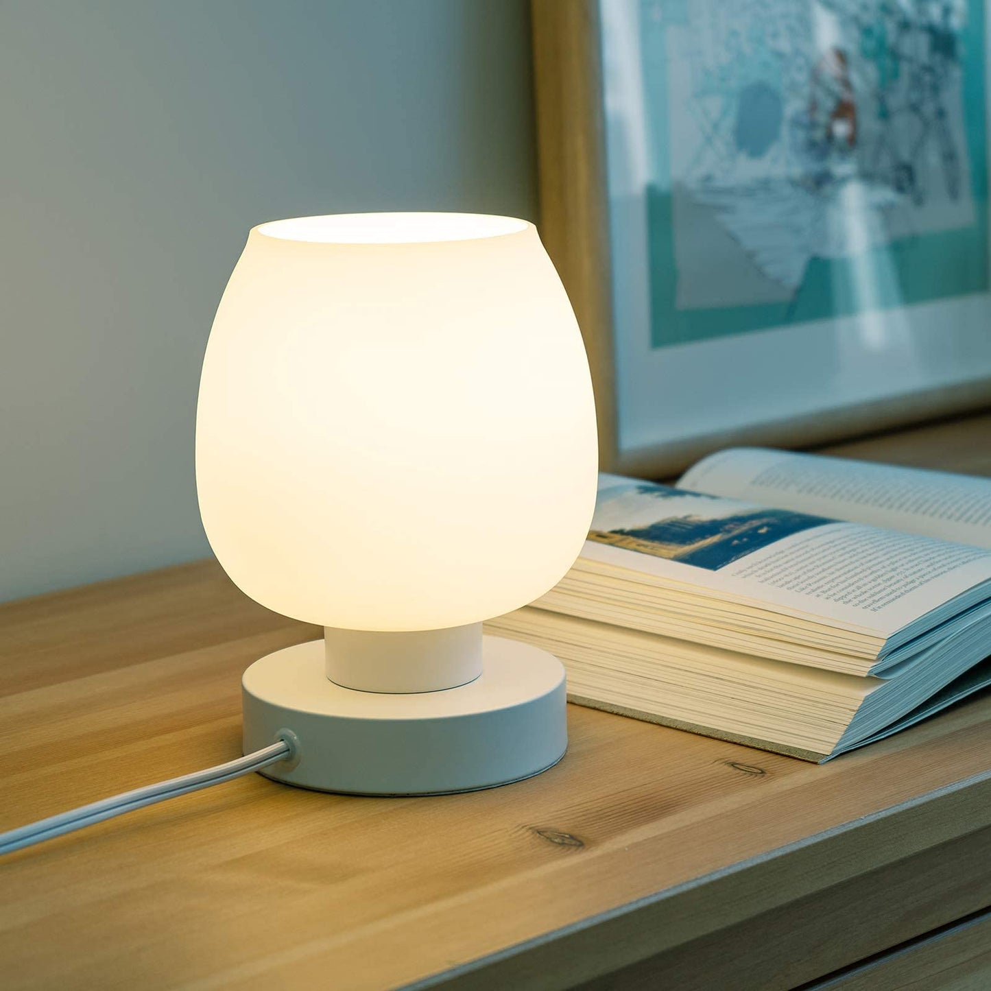 ONEWISH Touch Bedside Table Lamp - Modern Small Glass Lamp with White Opal Shade, Warm LED, 3-Way Dimmable, One Pack