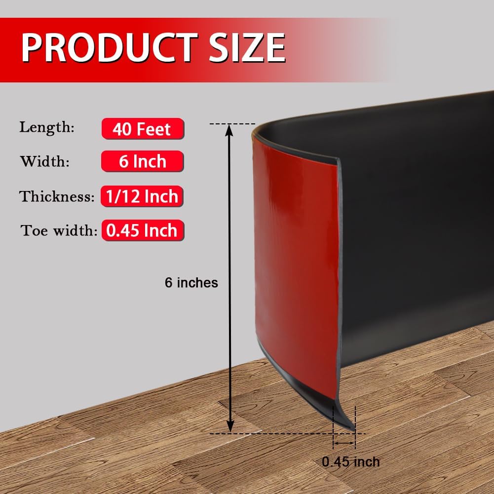 Vinyl Wall Base Baseboard Molding Trim 6" Flexible Self Adhesive Rubber Wall Base Moulding Trim Peel and Stick Design, 6 Inch x 40 Feet, Black