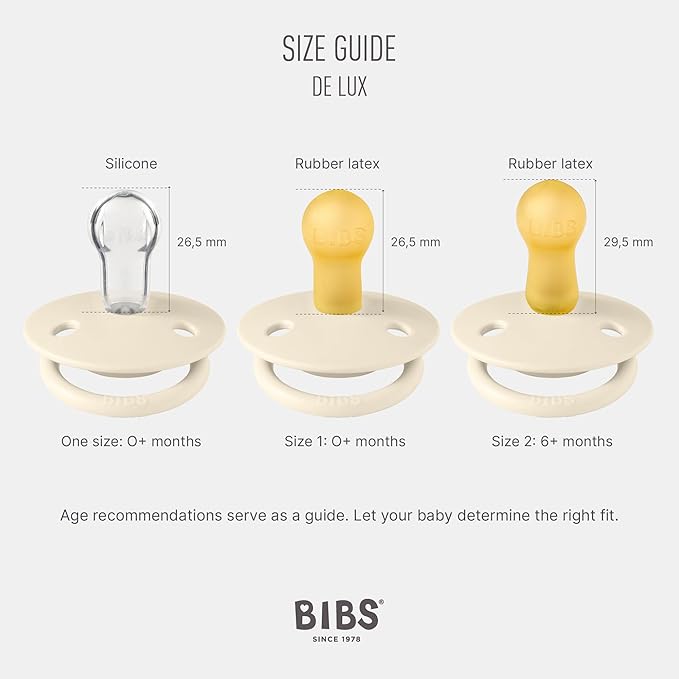 BIBS Pacifiers OneSize | 2-Pack Soothers | BPA-Free Symmetrical Nipple | Made in Denmark | Sand/Iron De Lux Pacifier