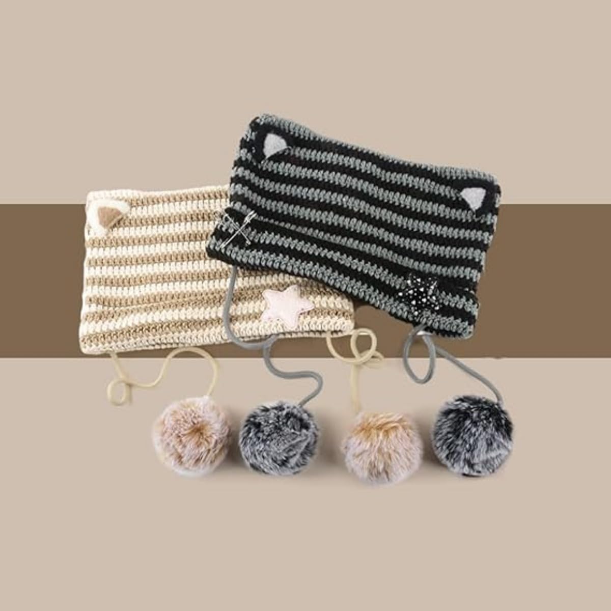 Women Kawaii Cat Ear Beanie Hat with Star Pom Poms Y2K Cute Crochet Goth Grunge Emo Alt Accessories Knit Slouchy Hat (Black Grey)