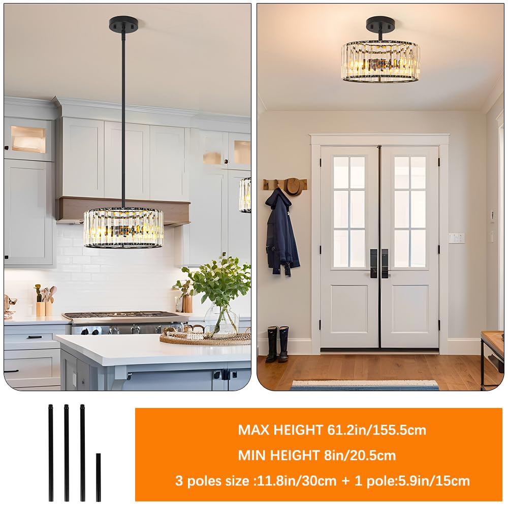 Black 3 Light Crystal Chandelier  Modern Dining Room Light Fixture Over Table  Round Kitchen Lighting Fixture  Farmhouse Semi Flush Mount Ceiling Pendant Light For Living Room Bedroom Hallway Entryway