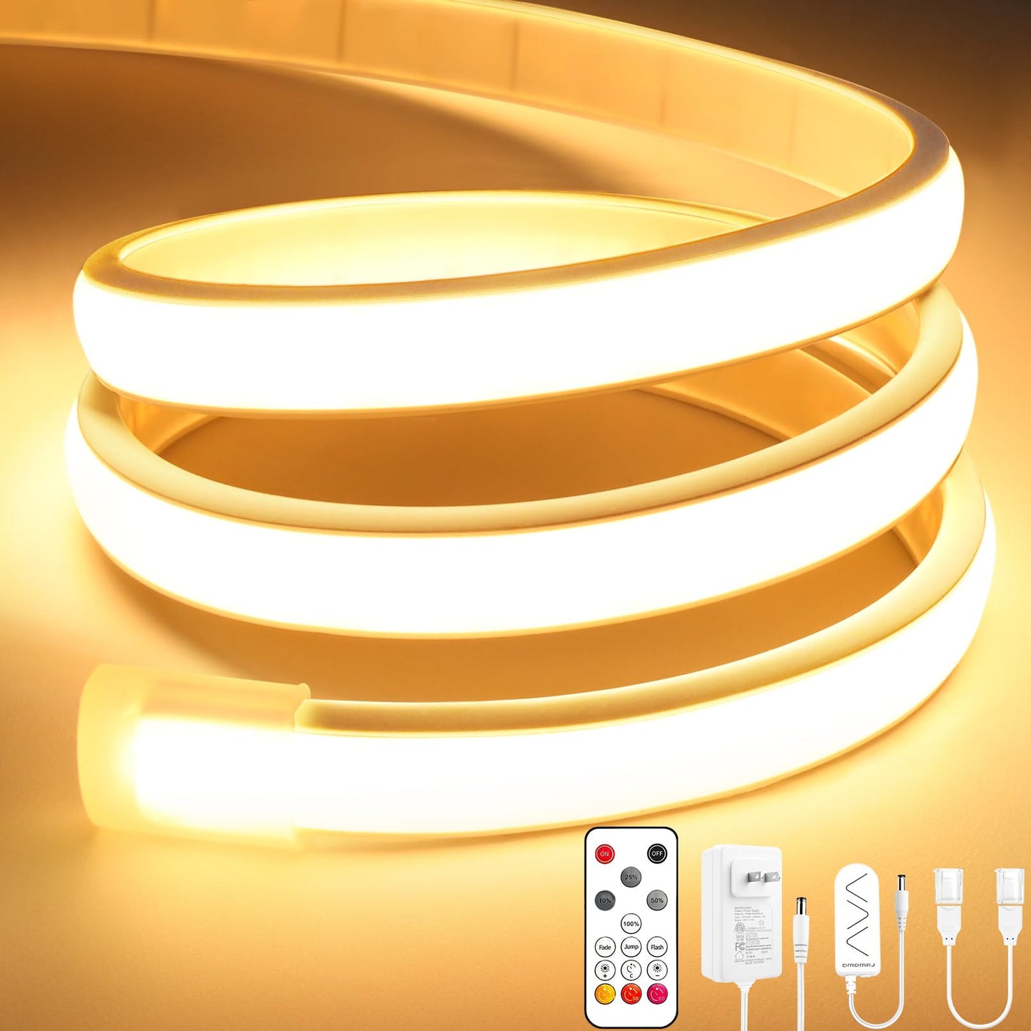 Lamomo COB LED Strip Lights Pro, 16.4Ft Warm White Dimmable, Waterproof Silicone Neon Lights, Model 300D-WW-5M-US-1