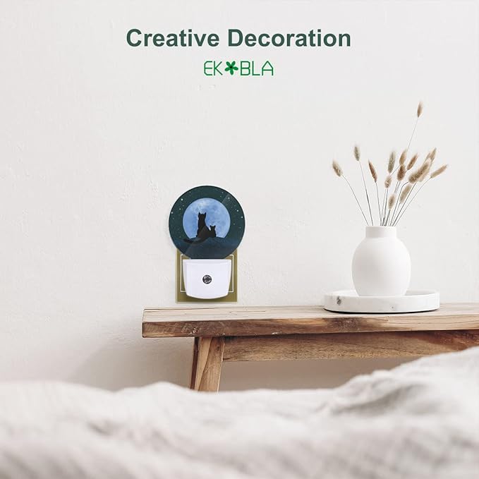 EKOBLA Black Cat Night Lights Plug into Wall Cute Cat and Mouse Sit on The Moon Galaxy Stars LED Dusk to Dawn Plug-in Nightlights Auto Sensor for Home Indoor Boys Girls Bedroom Bathroom